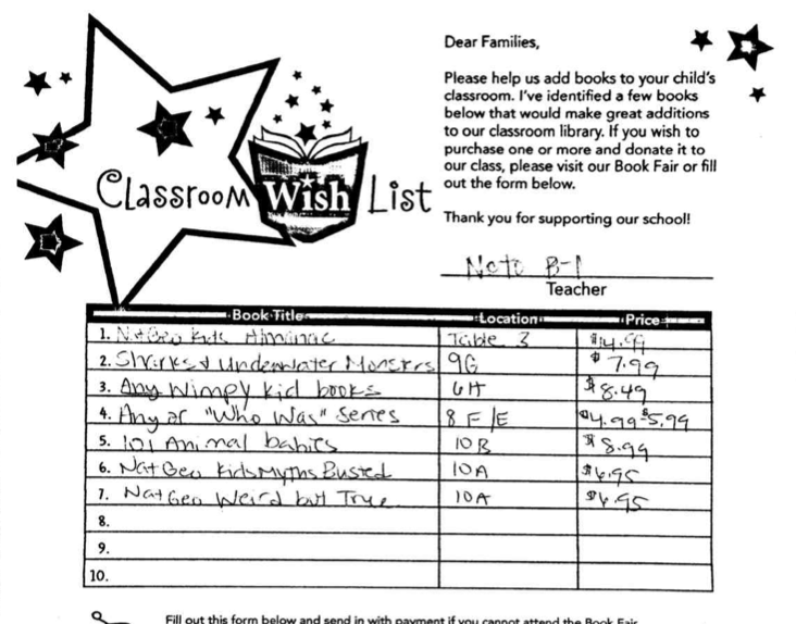 B1 Book Fair Wish List to B1 with Ms. Noto